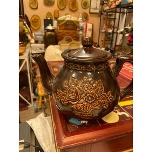 VTG 1950's Handmade Redware Brown Betty Floral Embossed Ceramic Teap
